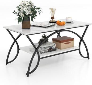Costway 2-Tier Faux Marble Coffee Table with Marble Top and Metal Frame-Black & White