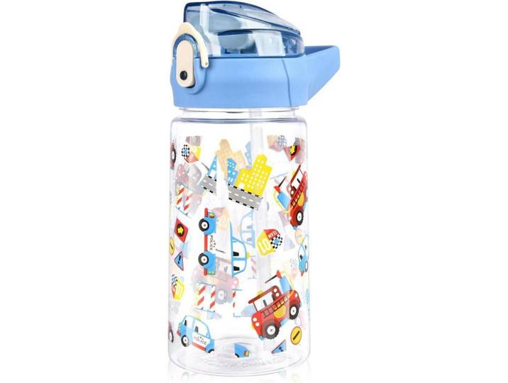 Kinder Trinkflasche mit Strohhalm 500 ml Blau Blaues Auto, Kunststoff, 10x10 cm, Geschirr, Kannen & Karaffen, Trinkflaschen