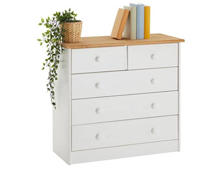 IDIMEX Kommode Rondo, schöne Anrichte mit 5 Schubladen, praktisches Sideboard aus massiver Kiefer in weiß/braun, Zeitlose Schubladenkommode mit Holzgriffe
