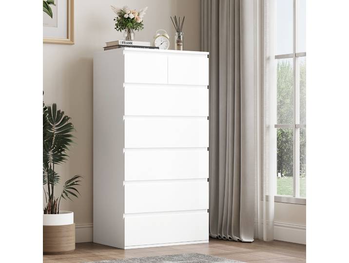Getone Commode Chambre Adulte, Commode 7 Tiroirs, Chiffonnier en Bois, Meuble de Rangement, Armoire à Tiroirs, 60x40x119cm, Blanche