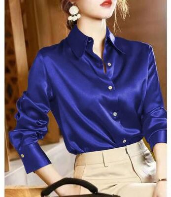 Uplift Treasures Elegant Satin Long Sleeve Womens Shirt royal m(us 6)