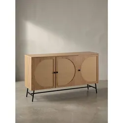 Sideboard – Eiche-Dekor/Rattan, 140x80x39 cm, 3 Türen, hoch