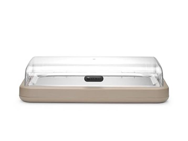 HENDI Présentoir buffet réfrigérant UNIQ GN 1/1\, Beige Socle en PP\, couvercle relevable en ABS\, bac GN 1/1 en acier inoxydable\, accumulateur de froid\, 593x389x(H)147mm