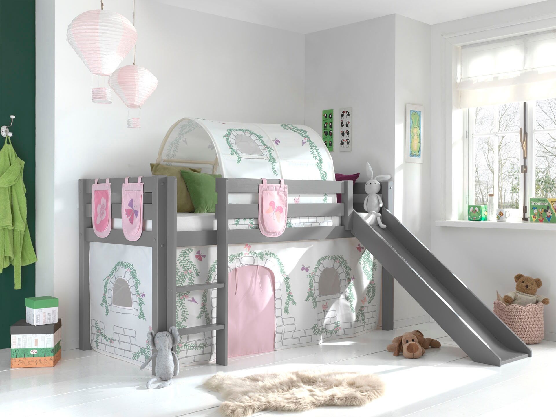 Hochbett VIPACK "Pino, Spielbett massiv Kiefer, stabil gebaut, 3 Korpusfarben zur Wahl", grau (grau lackiert, birdy), B:218cm H:214cm L:210cm, Hochbetten, Hochbett, Textil-Set "Astronaut", inkl. Vorhang, mit oder ohne Tunnel grau lackiert, birdy Ohne Ruts