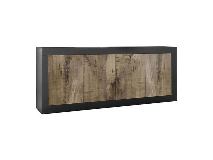 OTELLO - Buffet 4 Portes Finition Noir Mat et Aspect Bois Antik