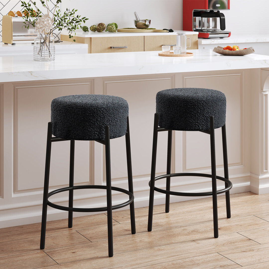 George Oliver Alonsa Swivel Backless Boucle Upholstered 68cm Counter Stool with Steel Frame (Set of 2) Black 67.8cm H X 43.4cm W X 43.4cm D