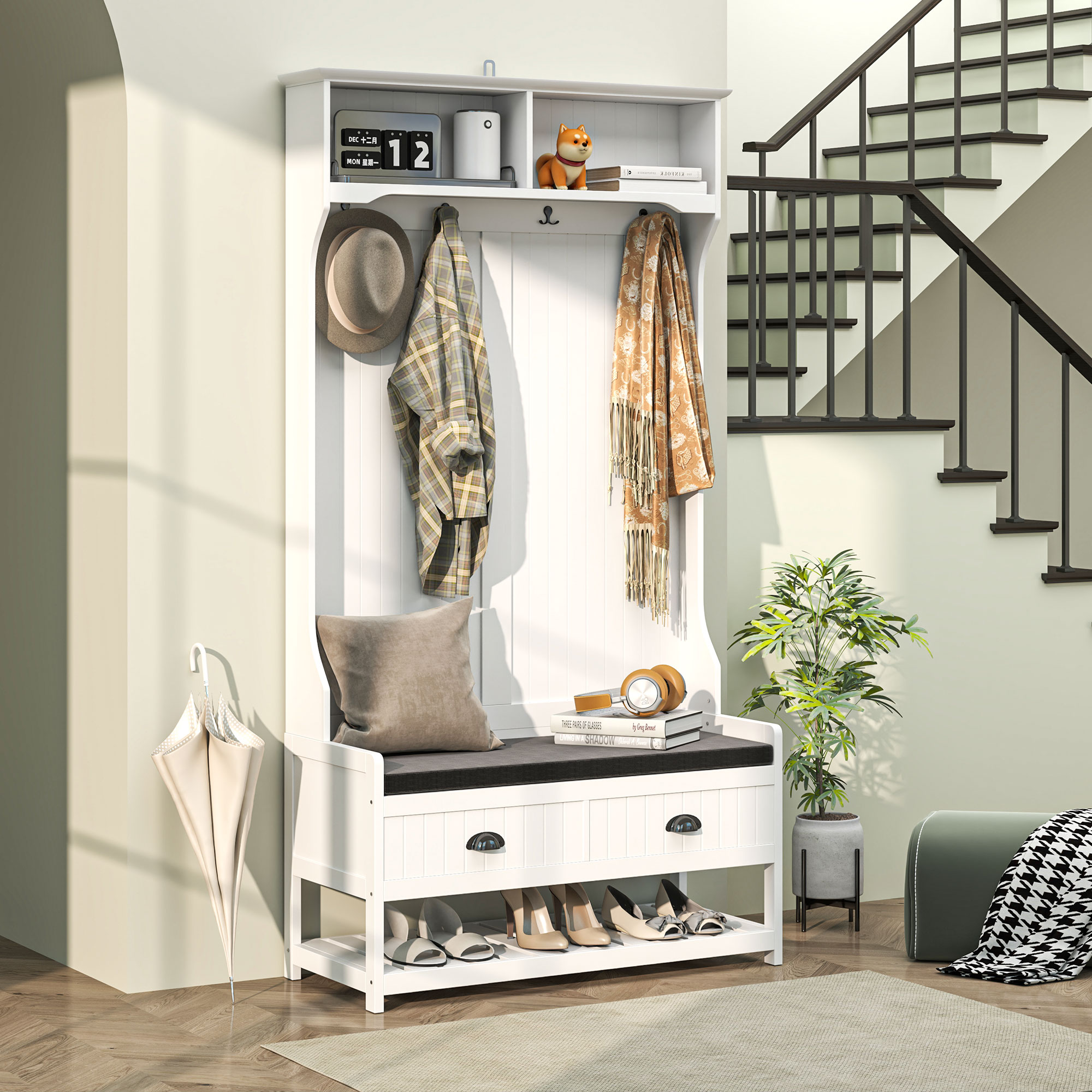 Homcom Appendiabiti con Ganci, Appendiabiti con Panca, per Ingresso, Corridoio, Metallo, MDF, Bianco+Grigio