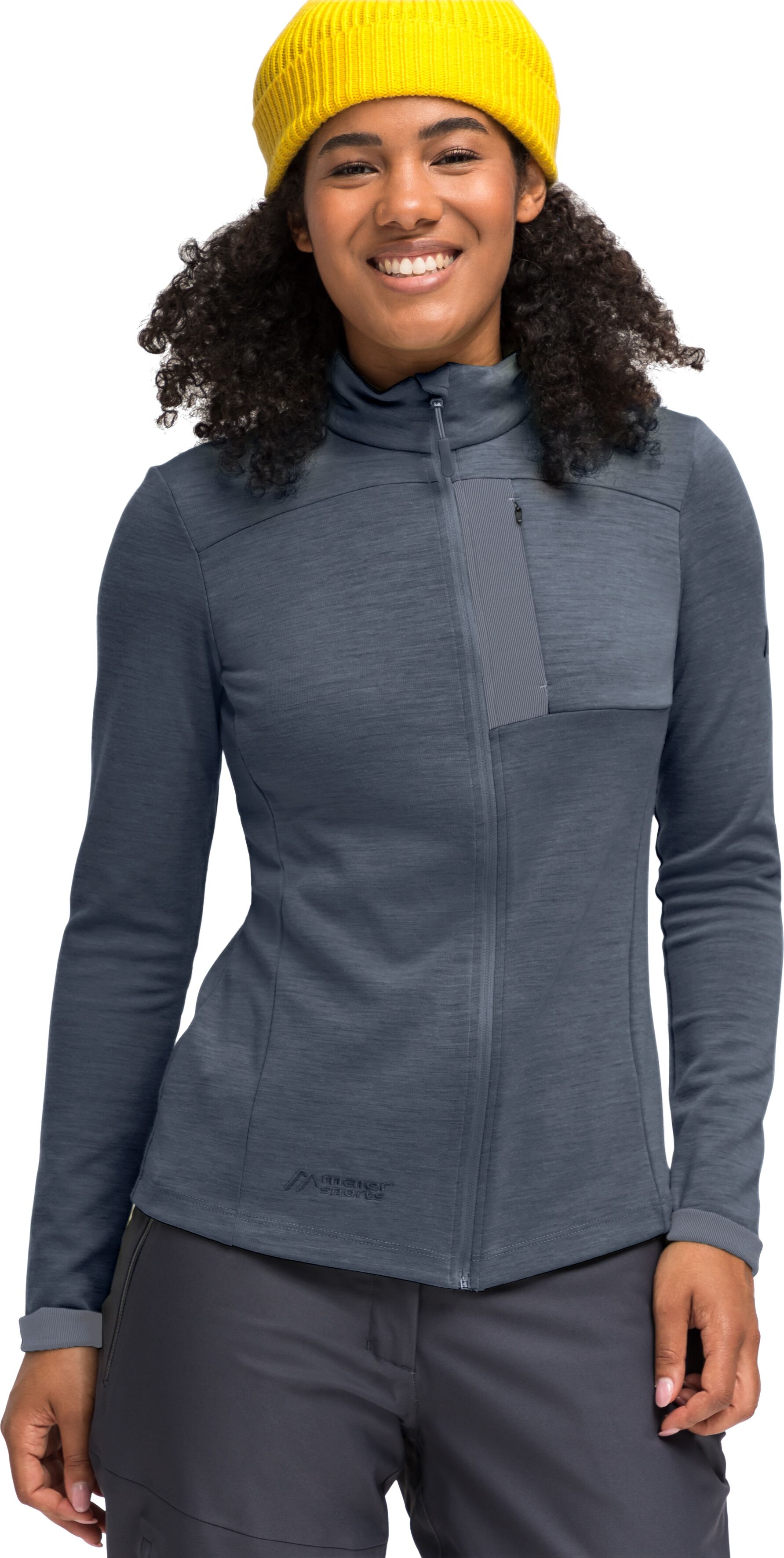 Funktionsshirt MAIER SPORTS "Skutvik W", Damen, Gr. 38, blau (graublau), 40% Wolle, 35% Polyamid, 25% Polypropylen, hoch geschlossener Ausschnitt, Shirts Funktionsshirt, Midlayer-Jacke für Damen, ideal für Outdoor-Aktivitäten graublau 38