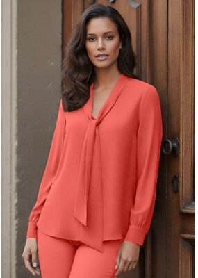 Plus Size Women's Long Sleeve Bow Blouse by Roaman's in Sunset Coral (Size 30 W)