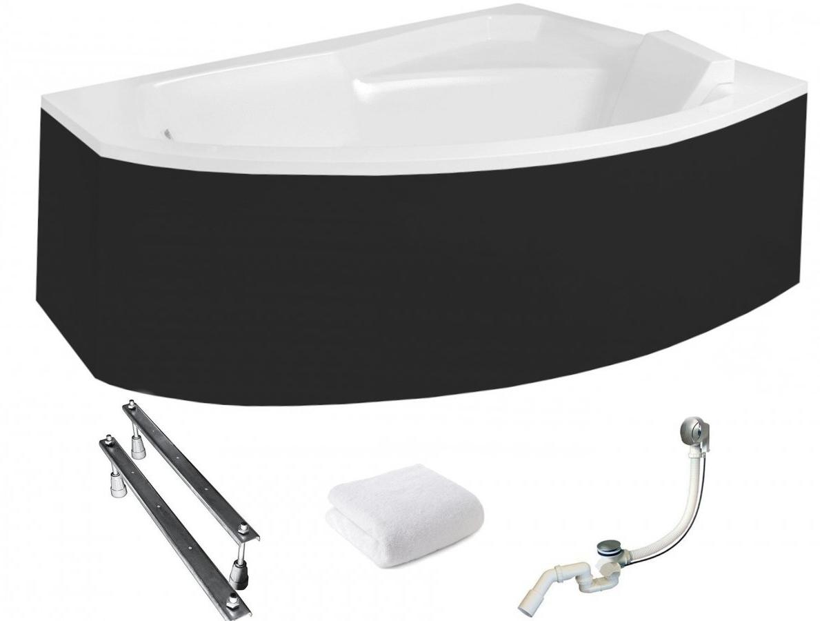Aqua For You | Besco Badewanne - 150x95cm - Antibakterielle Beschichtung - Asymmetrisch - Schwarze Verkleidung - Rechts Seite - Eckbadewanne - Acryl