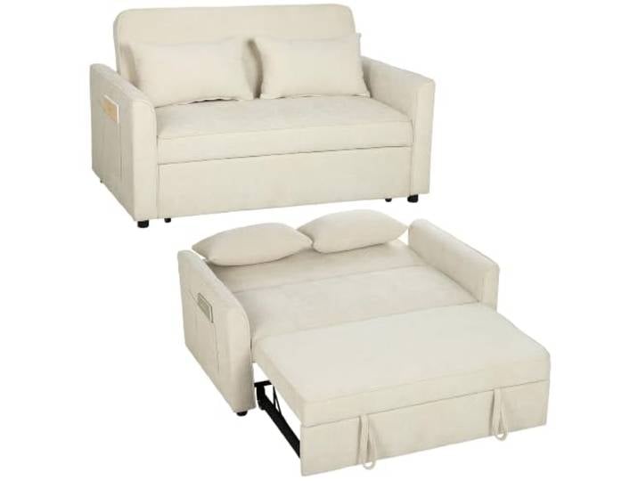 HOMCOM 2-Sitzer Schlafsofa, 3-in-1 ausziehbar, verstellbare Rückenlehne, Federkernpolsterung, Chenille, Seitentaschen, 2 Kissen, Beige