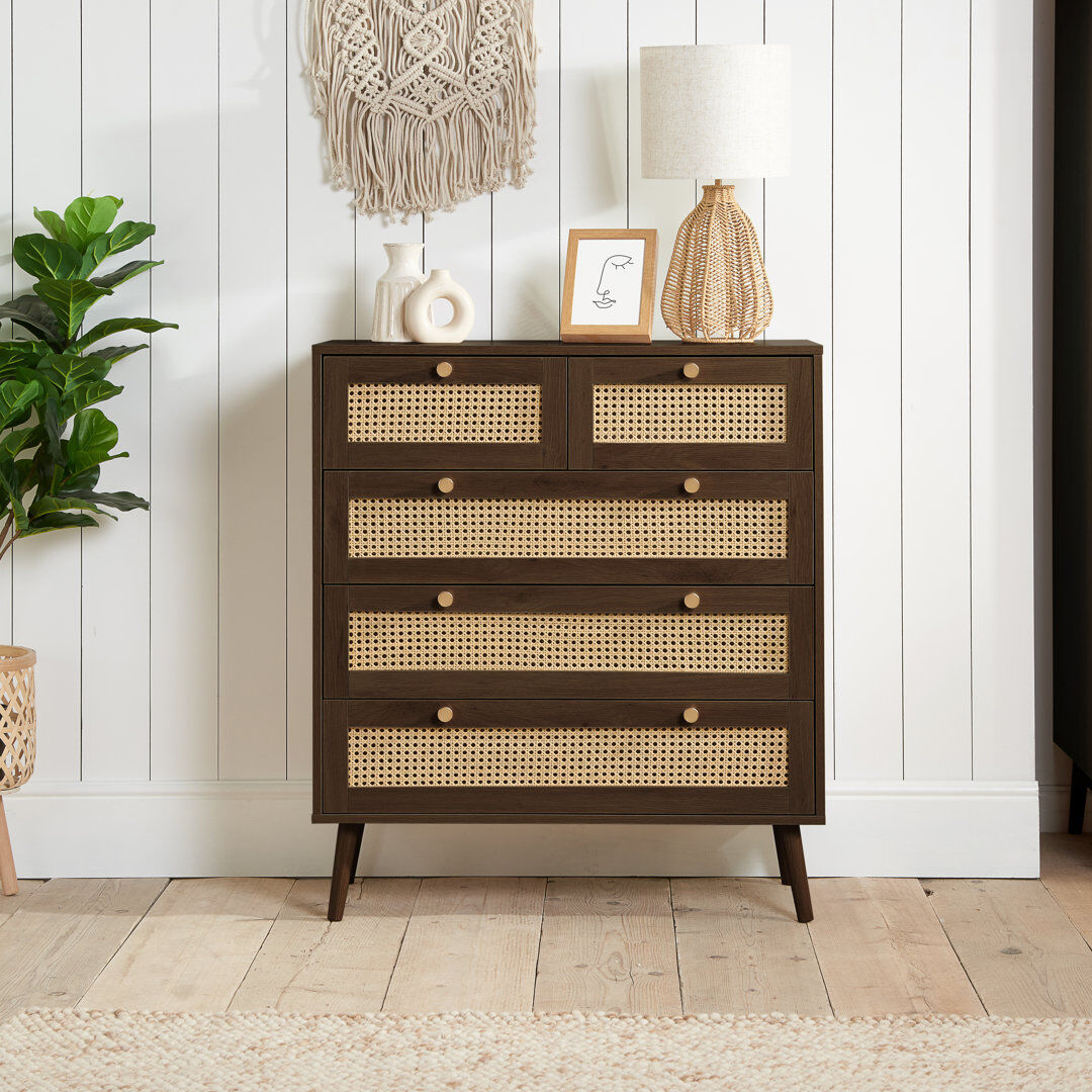Norden Home Noemi 85 cm W Chest of 5 Drawers Walnut 96cm H X 85cm W X 40cm D