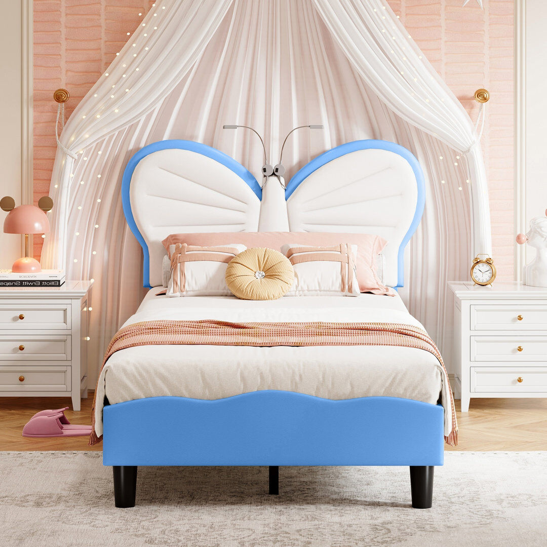 Fairmont Park Girls Princess Velvet Bed Frame with Butterfly Headboard, Reading Lights Blue Single (3')