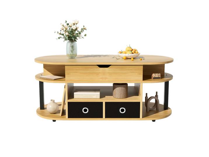Okwish Couchtisch 105/50/60 cm Holzmaserung mit Hebefunktion und 2 Stoffschubladen, Schwarz, 50x60x105 cm, Wohnzimmer, Wohnzimmertische, Couchtische