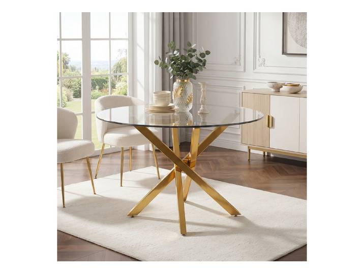 STILVORA Esstisch Runder Couchtisch Beistelltisch im modernen Stil, Gold+Glas (Runder Kaffeetisch mit Marmoroptik und Kreuzgestell, 80×80cm, Marmoroptik-Tischplatte, verchromte Tischbeine, MDF), für Wohnzimmer, Homeoffice, kleine Wohnbereiche