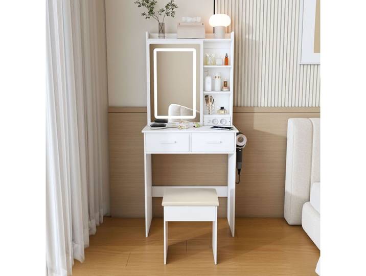 WOVREO Coiffeuse blanche 60 x 36 x 136 cm avec miroir LED réglable 2 tiroirs étagères ouvertes et tabouret