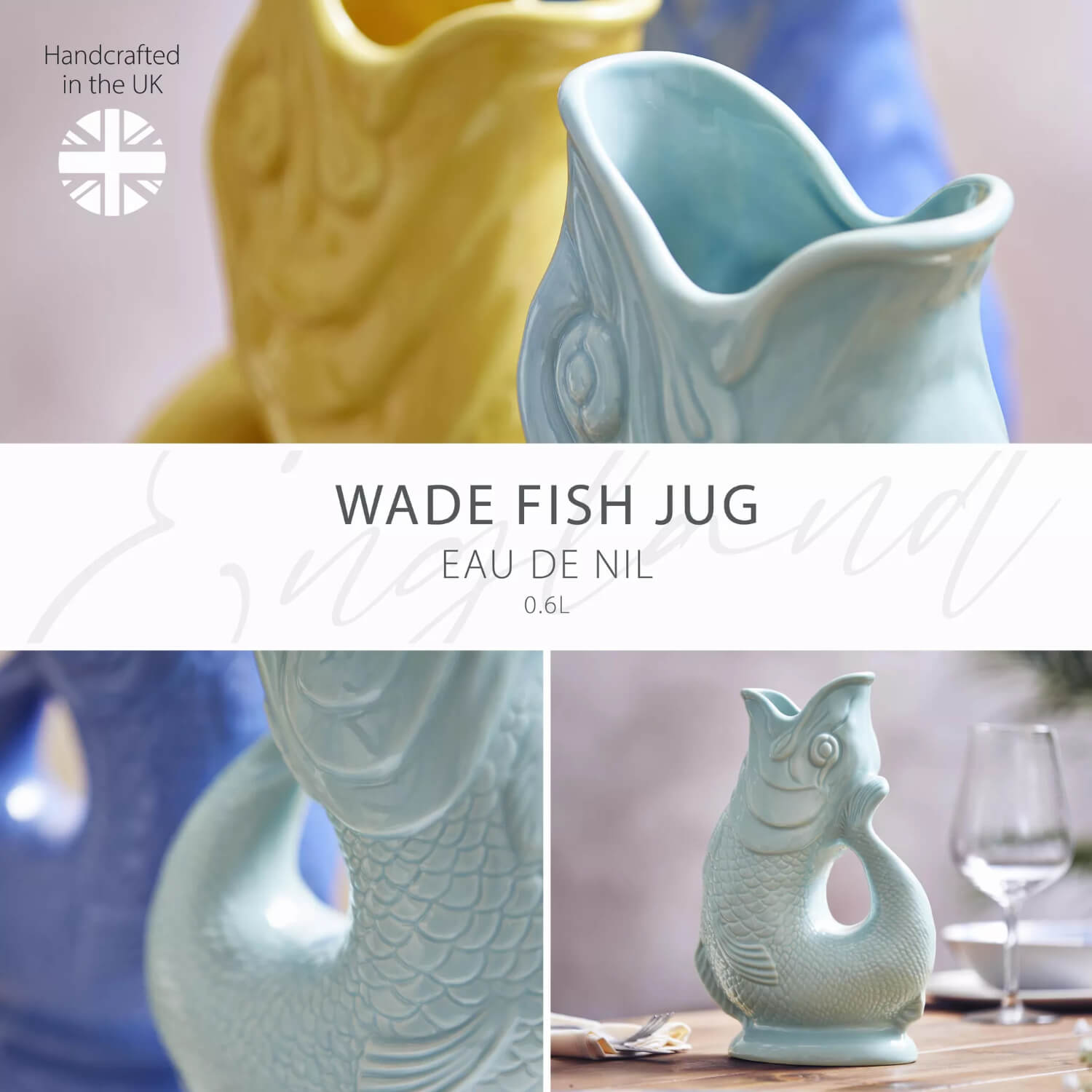 Wade Fish Earthenware 0.6 Litre Gluggle Jug - Eau De Nil