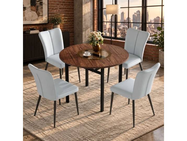 ROVRYN Ensemble table a manger ronde 100 cm avec 4 chaises PU gris clair aspect bois et verre