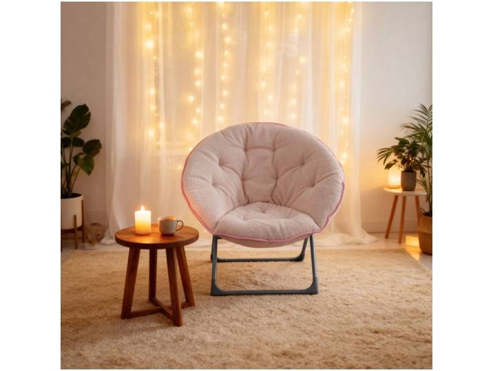 MEULVA Fauteuil pliant lune en tissu rose et métal siège relaxant 1 place pour chambre ou salon