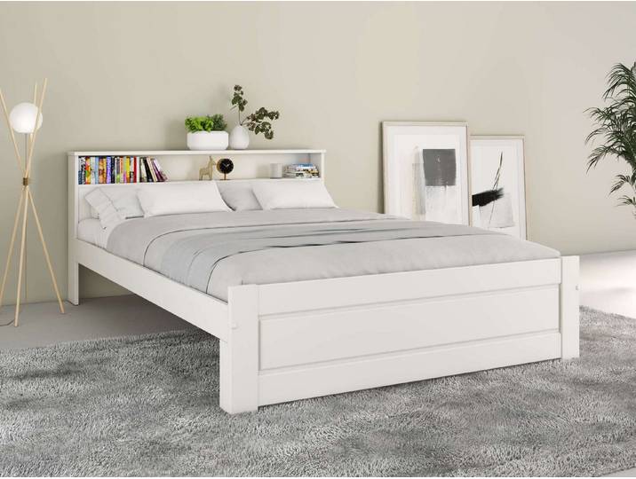 OTTO home Massivholzbett FLAVION, TOPSELLER! Jugendbett, FSC® zertifizierte massive Kiefer (Breite: 140), Qualitätsprodukt, Regal, Kassettenoptik, Schublade optional