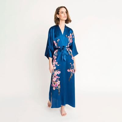 KIM + ONO Hand-Painted Silk Cherry Blossom Kimono Robe - Long   KIM+ONO - navy / one size