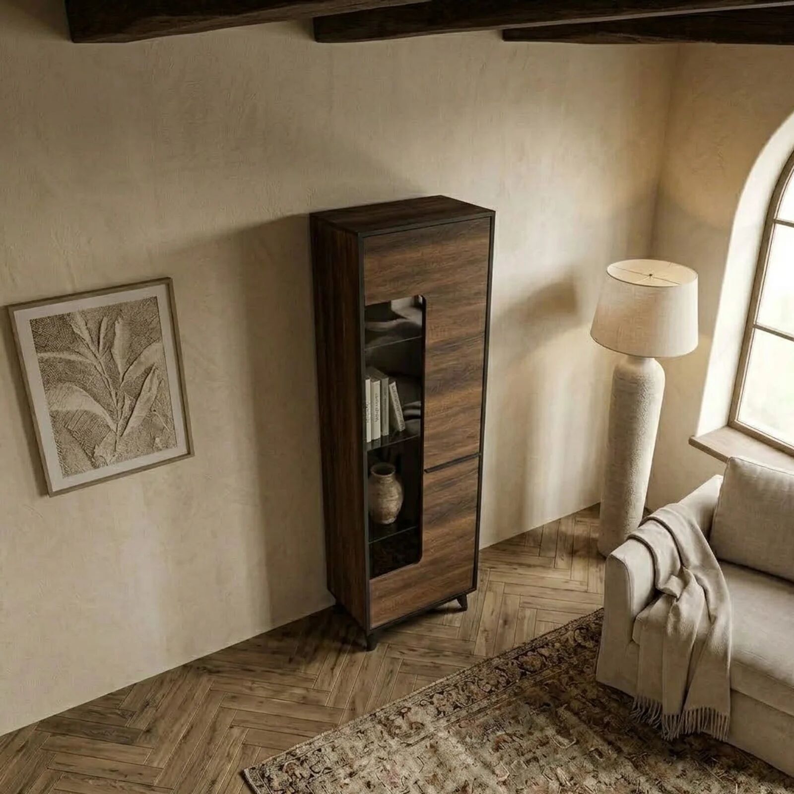 garneroarredamenti Vetrinetta moderna 48x185h cm 1 anta noce Line