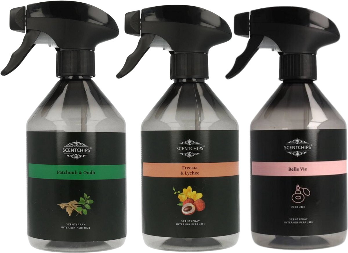 Scentchips Interieurspray Set van 3 - Patchouli & Oudh, Freesia & Lychee en Belle Vie - 500 ml