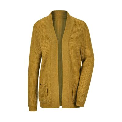 Strickjacke GOLDNER "Offener Cardigan mit Taschen, Glanz", Damen, Gr. 46, gelb (honig), Obermaterial: 90% Polyacryl PAN. 10% metallisierte Fasern MTF., Modisch, figurumspielend, Strickjacken Strickjacke, offene Cardiganform