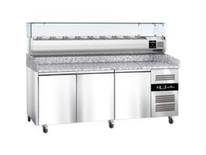 Meuble à pizza réfrigéré Tropicalisée 3 portes avec vitrine ingrédients (9x GN1/3) PREMIUM - GOLDINOX