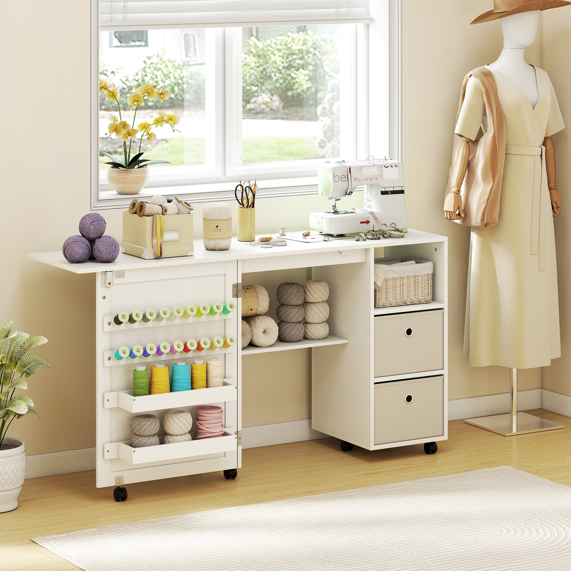 Homcom Tavolo da cucito pieghevole, mobile da cucito su ruote con porta magnetica, 2 vaschette, 2 cassetti, 146,4x40x77,5cm, bianco   Aosom Italy