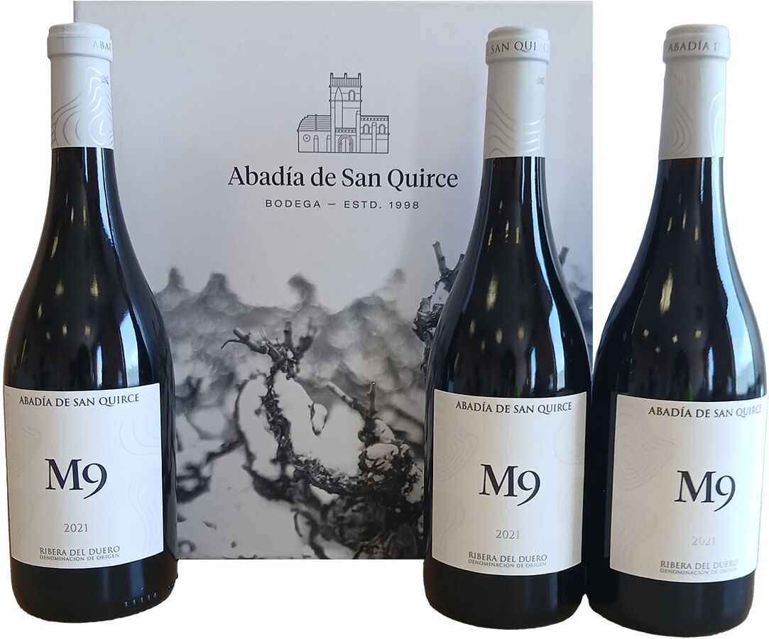 Abadía de San Quirce Estuche tres botellas vino tinto M9 Abadía San Quirce tempranillo 2022 Ribera del Duero.