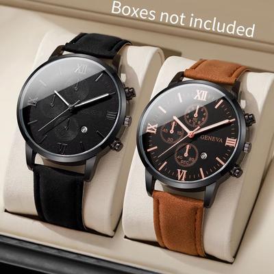 Inspired Finds Men's Casual Leather Quartz Calendar Watch Set 2pcs Set No Box