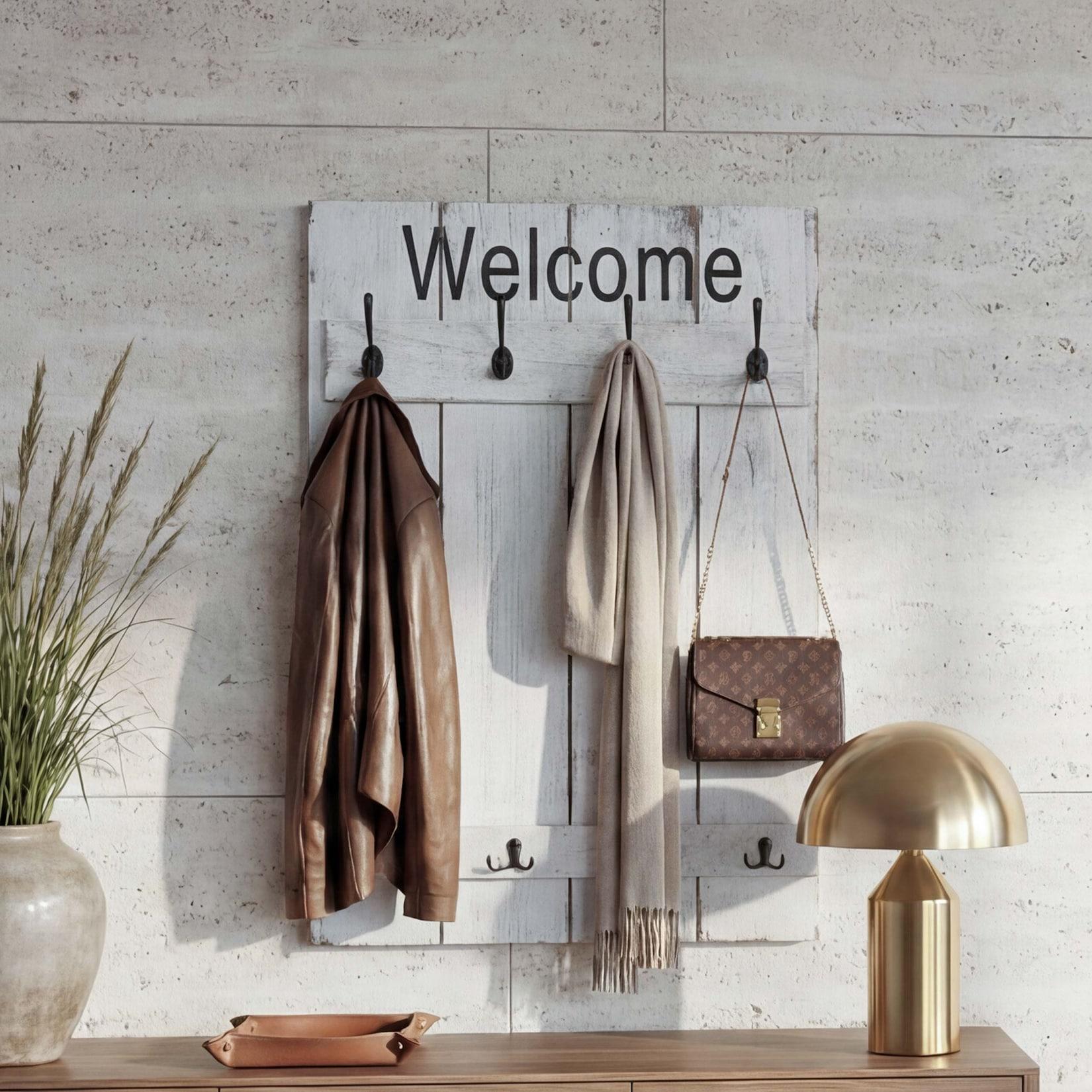 Wandgarderobe MCW-C89 Welcome, Garderobe Garderobenpaneel, Shabby-Look Vintage, 91x60cm ~ weiß, shabby
