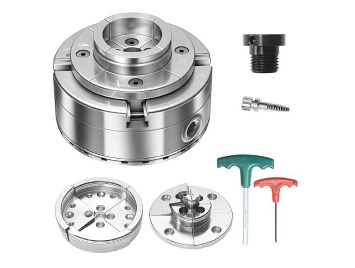 VEVOR Mandrin de Tour à Bois 102 mm Mandrin de Tour à 4 Mors Autocentrant Engrenage Conique pour Tournage Bois avec Adaptateur 1 pouce x 8 TPI\, Mâchoire Ronde et Étagée\, en Acier Finition Nickelée
