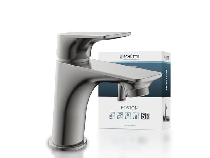 SCHÜTTE 33212 BOSTON Wasserhahn Bad Graphit matt, Waschtischarmatur, Mischbatterie Waschbecken grau, moderner Einhebelmischer mit Ablaufgarnitur, Waschbeckenarmatur für Ihr Badezimmer