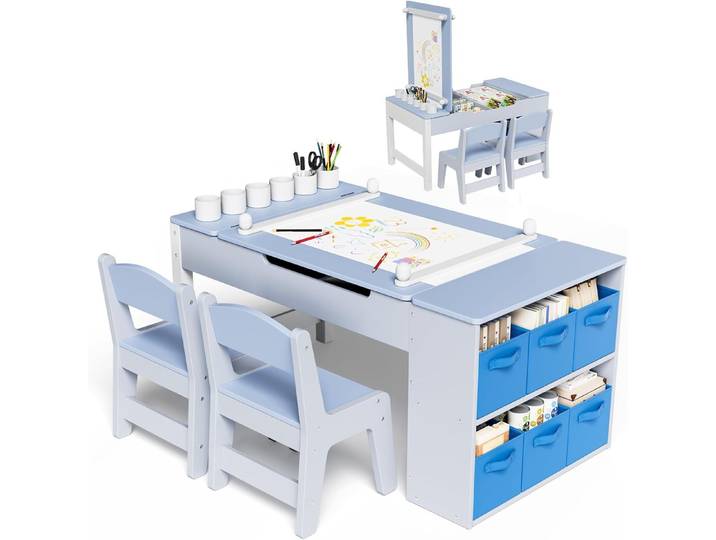 TLGREEN Kindertisch mit 2 Satz Stühlen, Kinder Tisch Stuhl Set Holz (Kindermaltisch mit Papierrolle und Stauraum, Mal und Basteltisch), Wasserdichtes Kindertisch für Malen/Lernen/Essen(ab 3 Jahre)