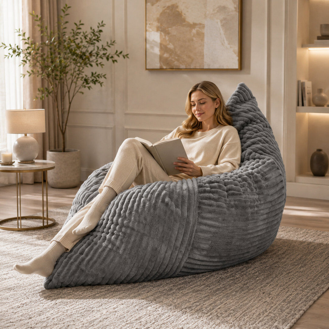 Rebrilliant 3‑in‑1 Convertible Plush Corduroy Floor Bean Bag Chair, High‑Density Sponge Fold‑Out Floor Mattress Light gray