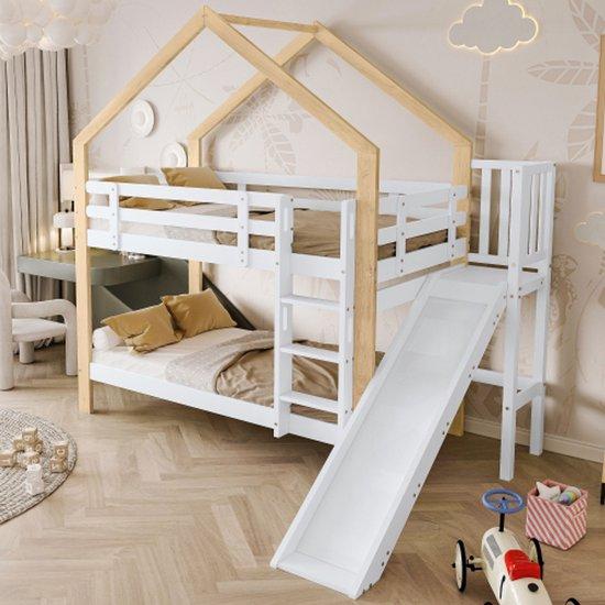 Massief houten Kinderbett mit Glijbaan, 3-stufiger Winkelstapeltisch, 90x200cm, weiß+natur
