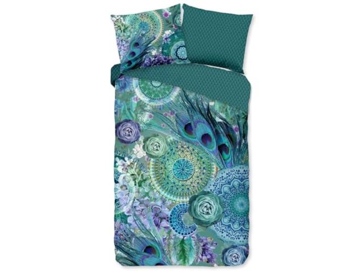 Hip Satin Wende-Bettwäsche Kari natürlich 100% Reine Baumwolle Bettwäsche Set blau grün mit Pfauenfedern Mandalas 200 cm x 200 cm Azur-blau