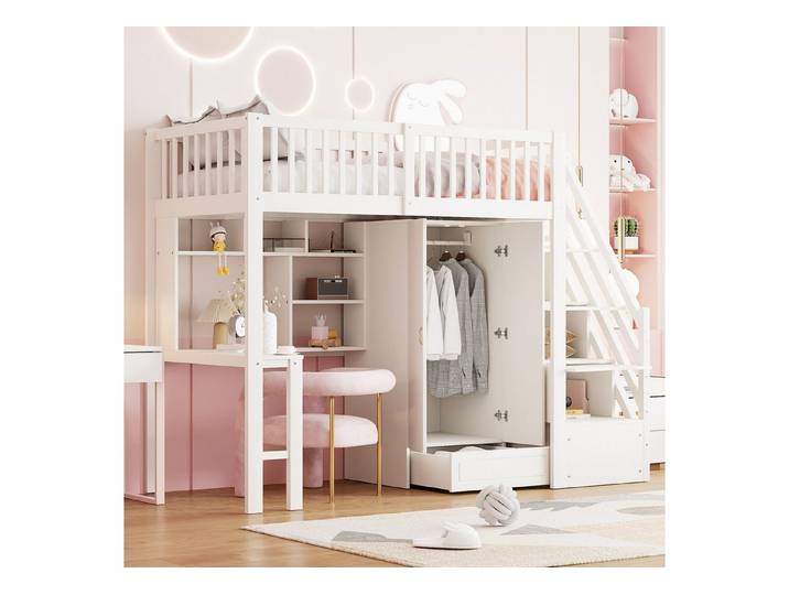 Odikalo Jugendbett Kinderbett Hochbett mit Kleiderschrank Regal Tisch Treppe 90x200cm
