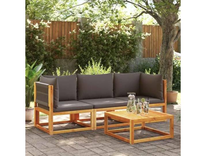 KTHLBRH Ecksofa aus Akazienholz mit Kissen Rückenlehne aus grauem Seil, modulares Design, waschbarer Bezug, 110 kg pro Sitzfläche