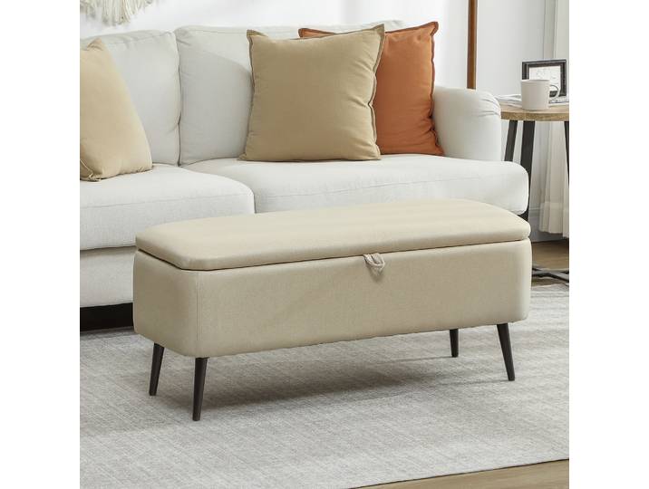 HOMCOM Banc Rangement Beige 101cm Couvercle Rabattable Acier