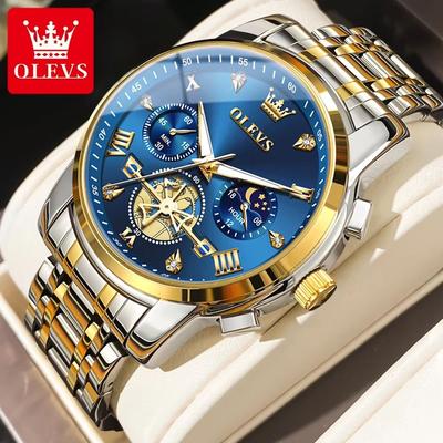 Inspired Finds OLEVS Luxury Chronograph Moon Phase Watch Multifunction Quartz Waterproof Business Wristwatch For Men gold Blue