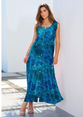 Plus Size Women's Plus Size Sleveless Hand-Crinkled Button-Front A-Line Maxi - Curvy Breezy Dress by Roaman's in Deep Turquoise Tie Dye Floral (Size