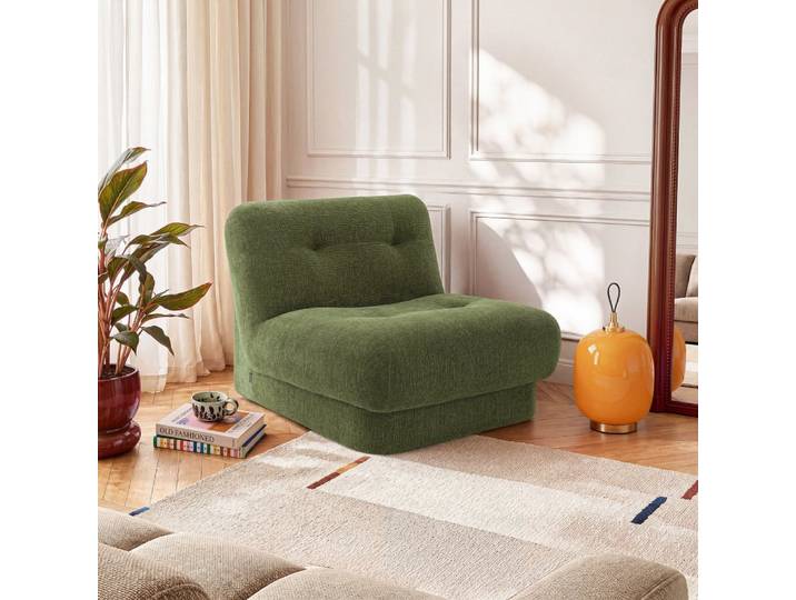 Chauffeuse capitonnée en tissu chenille avec dossier garni de plumes -