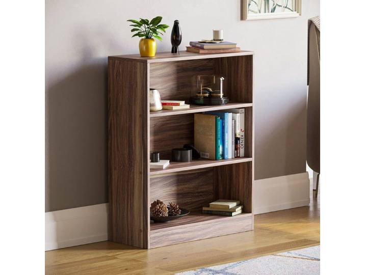 Cambridge Bibliothèque Basse à 3 niveaux Noyer Étagère de Rangement Moderne Bureau Salon