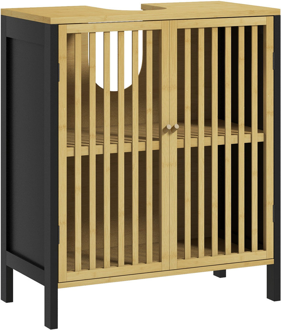 17 Stories HOMCOM Under Sink Bathroom Cabinet, Bamboo Sink Storage Cabinet Slat Doors Yellow 300mm W
