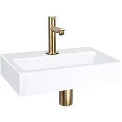 Differnz, Waschbecken, Set Fontana Piatta Lavello in Ceramica Bianco Rubinetto Dritto (380 mm, 240 mm)