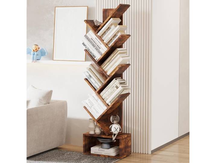 Koioplie Bibliothèque arbre d'angle gain de place 8 niveaux étagère sur pied en bois avec armoire rangement anti-basculement