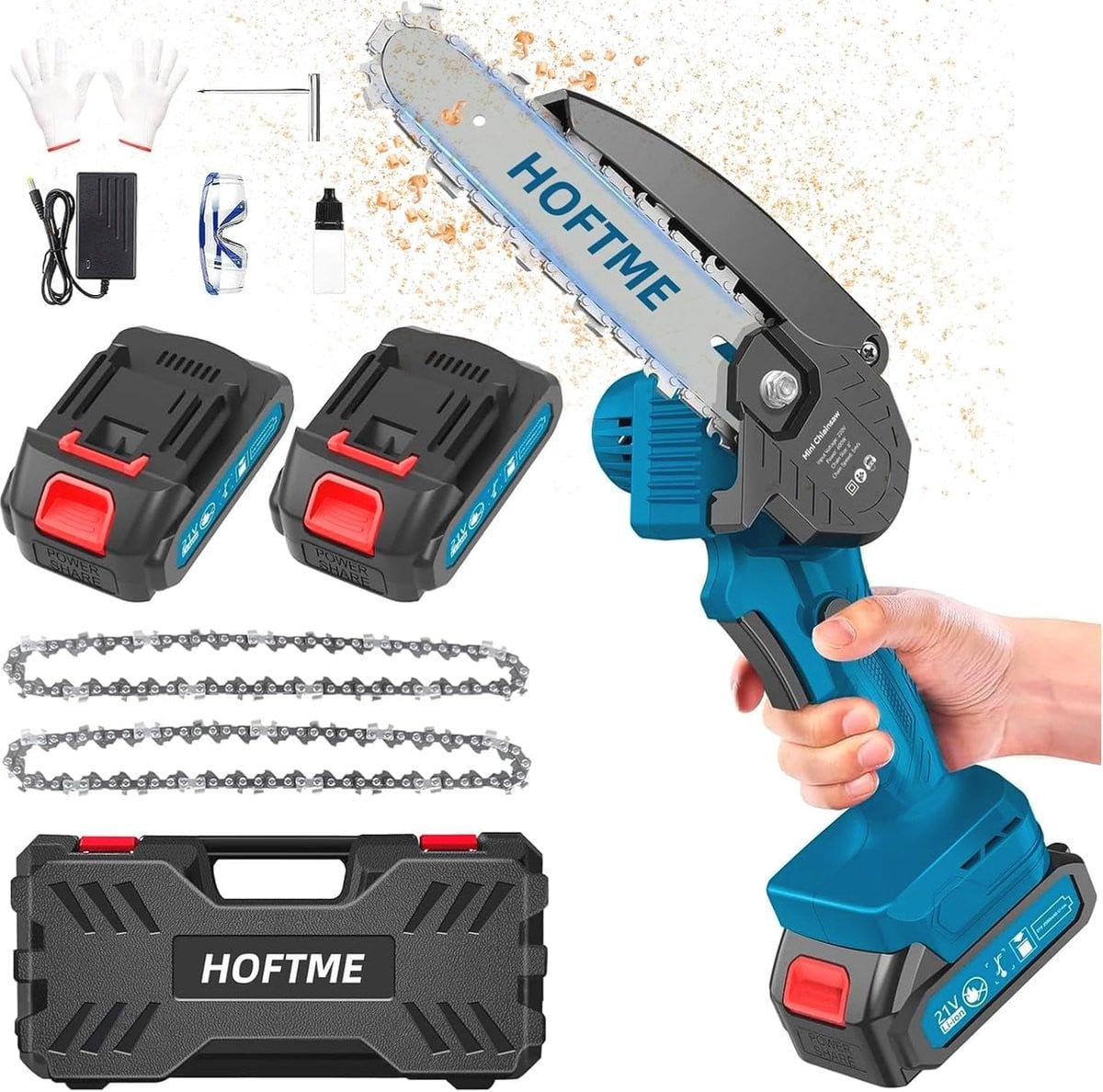 Mini Elektrische Kettingzaag 6 Inch - Blauw - Draadloos met Borstelloze Motor, 2 Batterijen en 2 Kettingen
